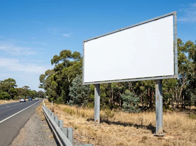 Um grande outdoor branco, vazio, em postes de aço junto a uma estrada