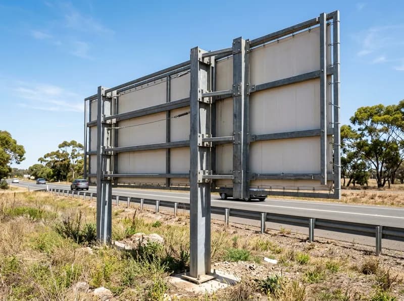 A estrutura galvanizada por trás do mesmo outdoor, travessas e postes