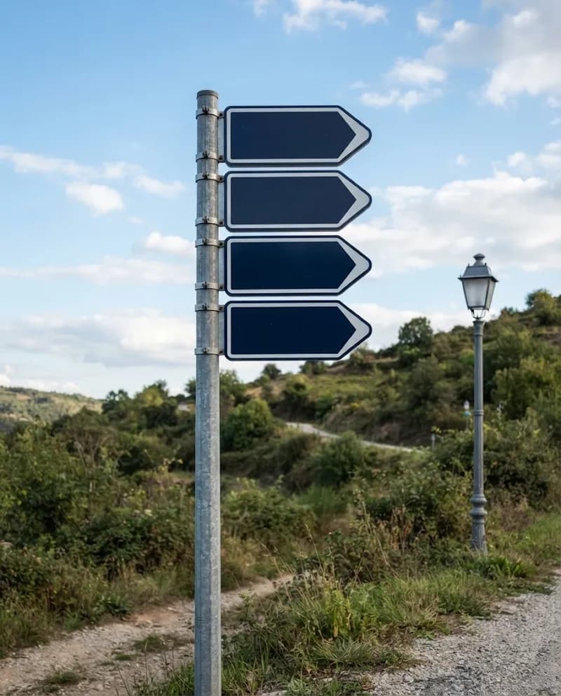 Placas direcionais montadas num poste de aço