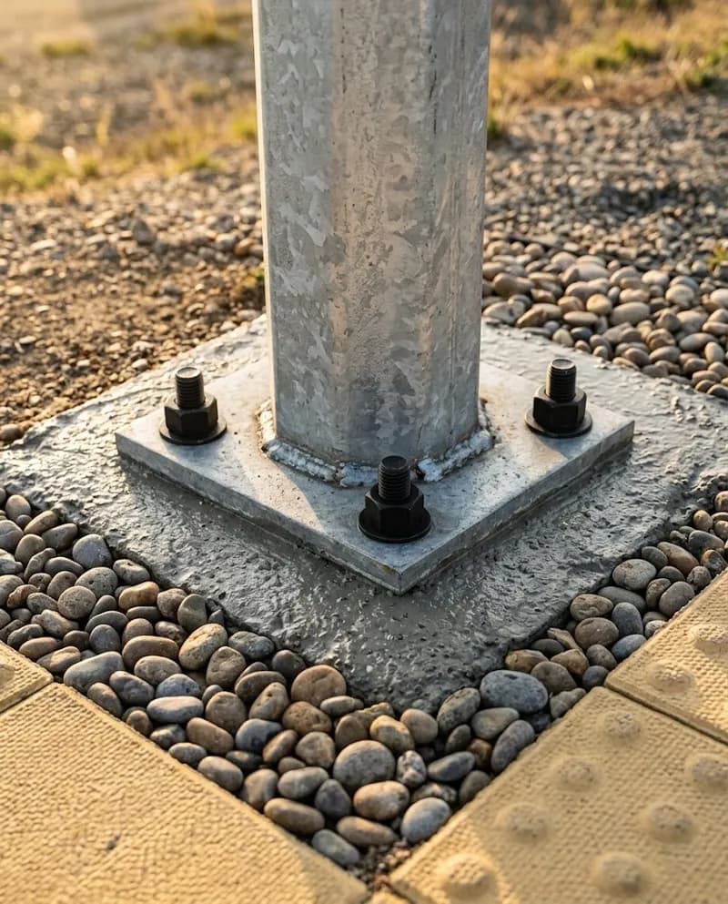 Um poste galvanizado aparafusado a uma sapata em betão fresco