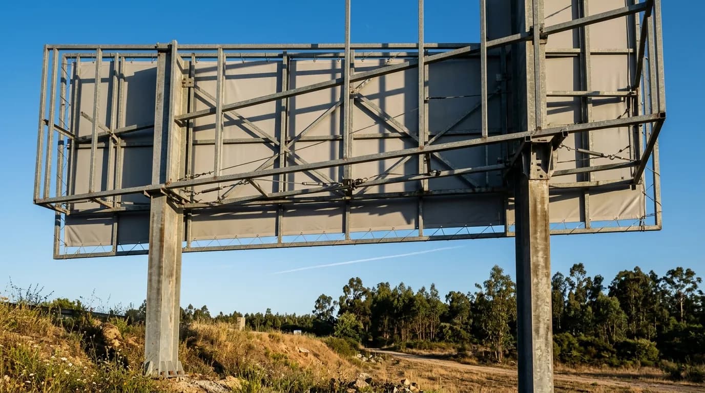 A estrutura de aço galvanizado por trás de um grande outdoor de estrada, contra o céu azul